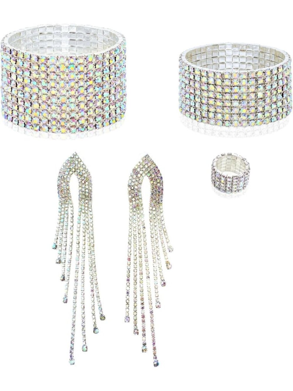 Sparkling Competition Jewelry Set: Draping Earrings, Crystal Ring & 2 Bracelets